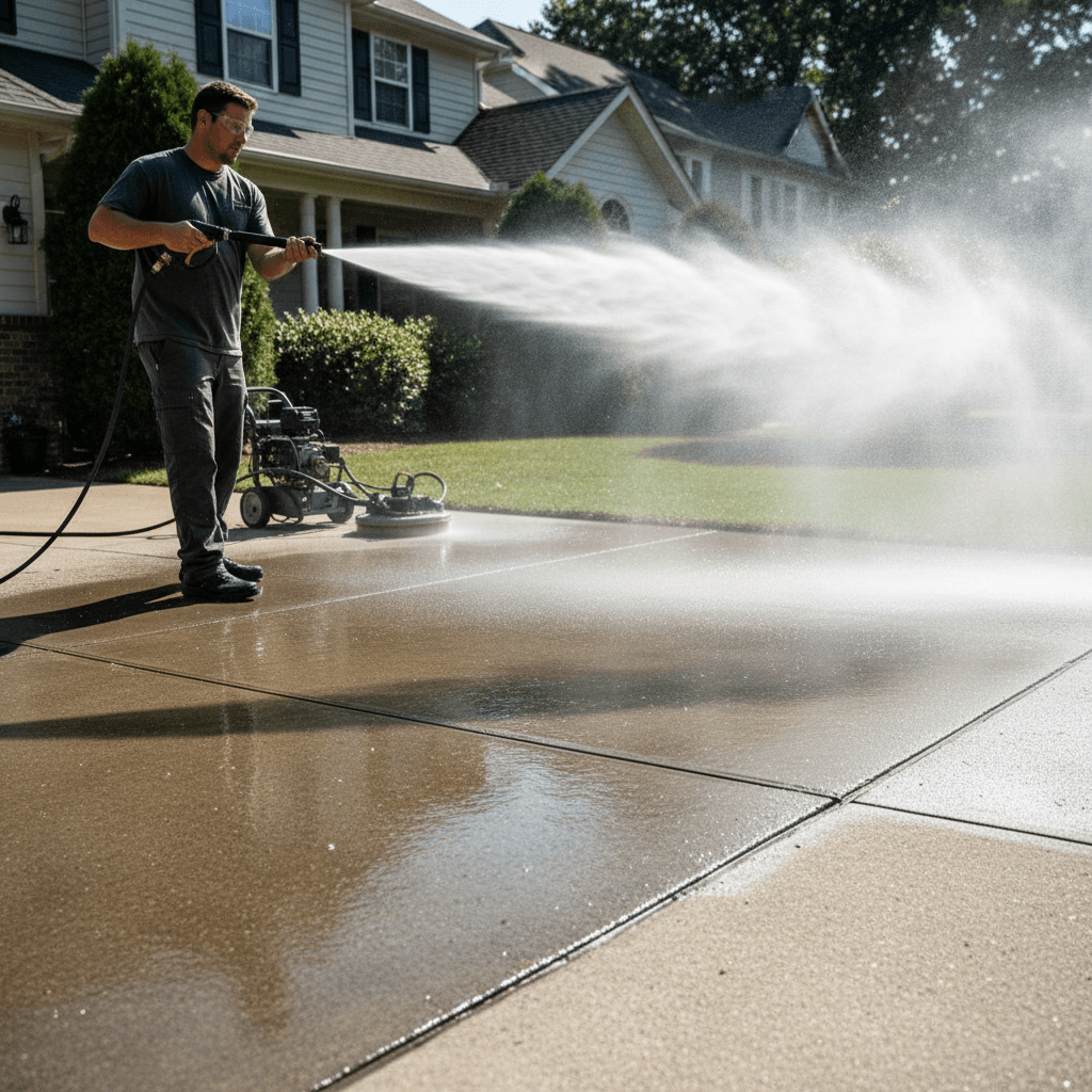 Pressure washing professional cleaning residential driveway