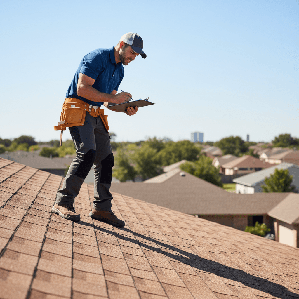 Roofing professional conducting inspection on residential roof