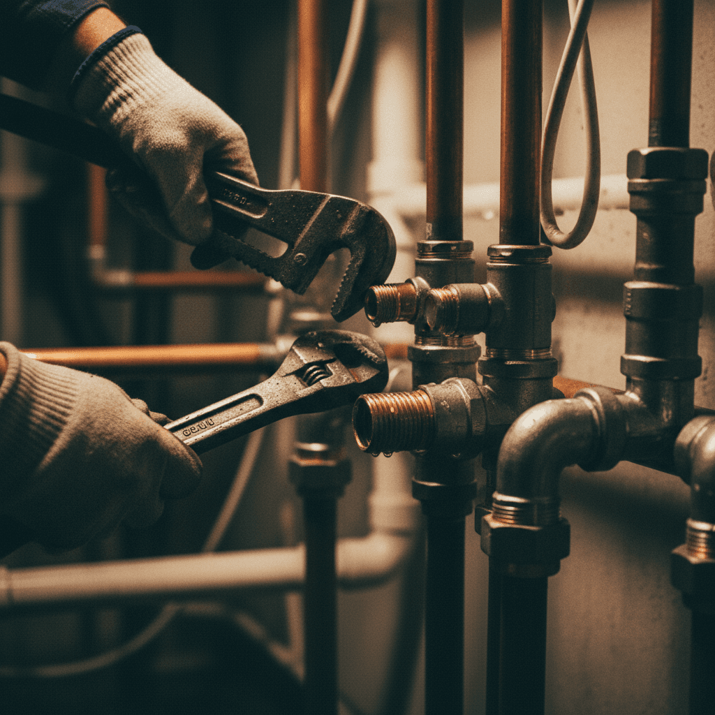 Plumber hands-on with pipe and fixture installation