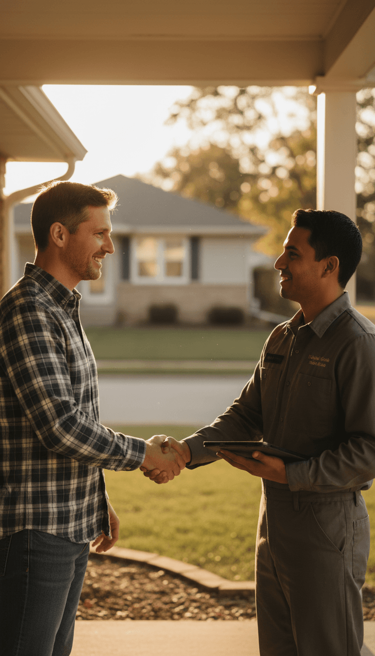 Homeowner and local service professional shaking hands on front porch