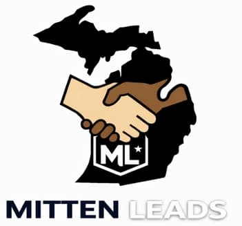 Mitten Leads logo with diverse hands shaking over a Michigan silhouette and ML shield.